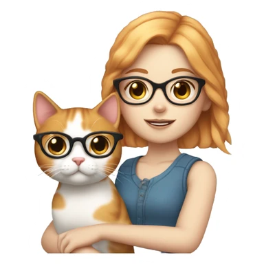 White skin, short strawberry-blonde haired girl with glasses holding calico cat sticker