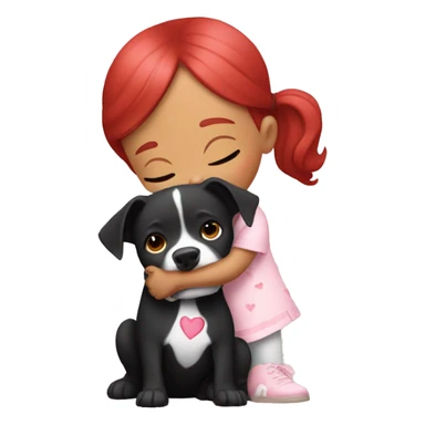 Girl with red hair kissing big black pitbull dog, pink hearts sticker