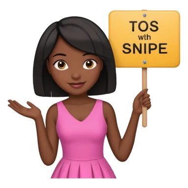 Dark skin woman with black bob in hair holding sign that says snipe  wearing pink dress  sticker