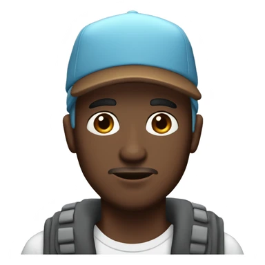 a dark brown skinned and dark brown eyes man with a cap on his head. he has thick lips. the cap is light blue with white capital text on it. the text is wolf sticker