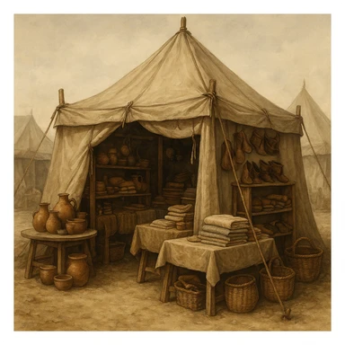 a medieval tent shop, canvas tent with wooden frame, merchant goods displayed outside, medieval market atmosphere sticker