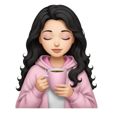hispanic woman, black long wavy hair , closed eyes, feminine face, holding soft pink coffee cup wearing white Hoodie with pink blanket over shoulders sticker