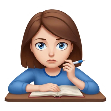 female writer, romantic, with brown hair, fair skin and blue eyes writing a book with a worried face sticker