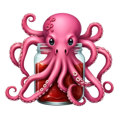 Pink octopus eating strawberry jam from jar  sticker