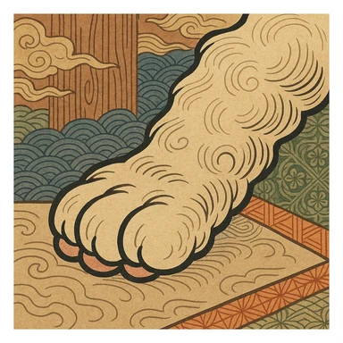 fluffy cat paw, ukiyo-e style, Japanese woodblock print, flowing lines, traditional colors sticker