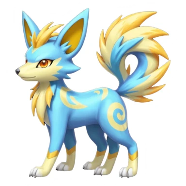 Feral Lightning-patterned Zig-zagged buzzy fuzzy Meloetta-Renamon-Zeraora-Luxray-Cobalion-Suicune-Vernid-fusion-hybrid-creature, full body  sticker