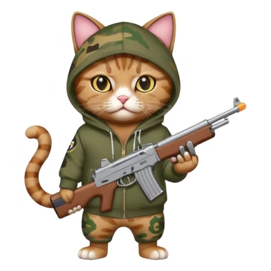 A gangster cat wearing a bape hoodie with a BB gun sticker