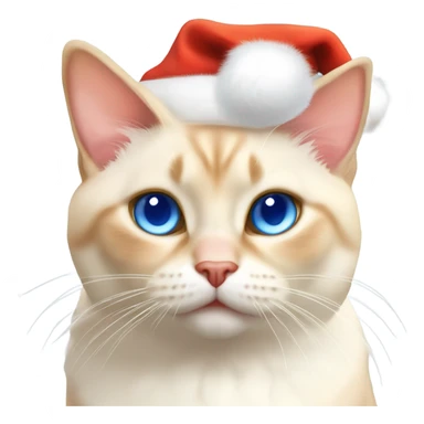 chubby fat, flame point Siamese, short fur, with white fur with orange accents, and blue eyes, smiling, wearing a red santa hat  sticker