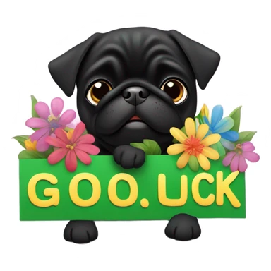 Black pug , surrounded by flowers, holding a green sign that says “good luck”  sticker
