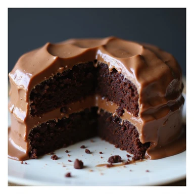 a realistic double fudge chocolate cake, sliced to show moist interior, glossy fudge icing, photorealistic style, no background sticker