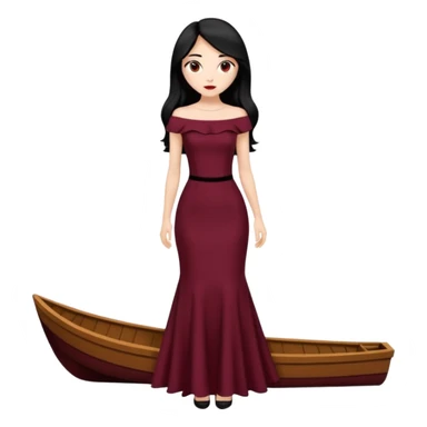 Chica blanca ,ojos marrones, vestido granate muy largo sexy escote tipo barco,  cuerpo entero pelo negro y largo zapatos negros tacon sticker