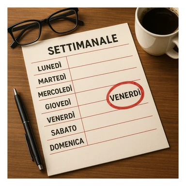 weekly calendar sheet in Italian, days from Monday to Sunday, Friday circled in red, hyperrealistic style, sharp details, desk atmosphere sticker