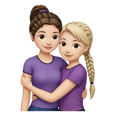 Comforting Hug two white skin women, one shorter woman with medium brown simple top ponytail, not braided, and one taller woman with a single long black side braid sticker