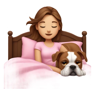  girl in pink bed with brown hair and sleeping bulldog sticker
