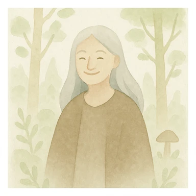 legendary mentor, young smiling woman with long silver hair, in an enchanted forest, watercolor style sticker