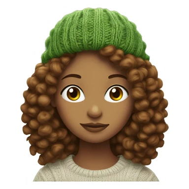 Green eyed Girl with brown curly hair knitting a beanie sticker