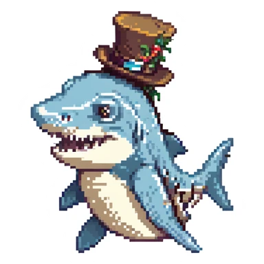 A pixel art style image of a shark wearing a top hat, facing right. sticker