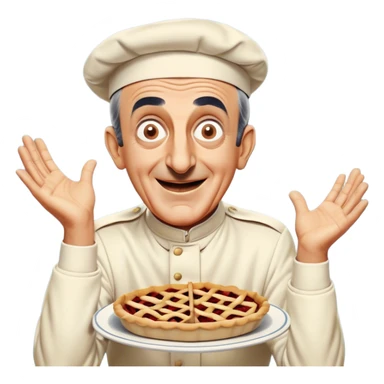 Icon for Comedy Movie: A vintage movie poster-style design with a humorous scene—Louis de Funès in his iconic comedic pose, exaggerated facial expression, and wide-open eyes. Include a slapstick element like falling over or interacting with a funny prop. Retro cinematic feel. Transparent background. sticker