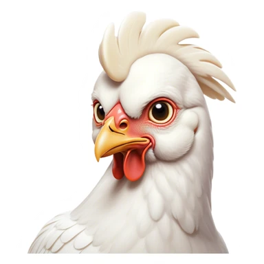 Cinematic Noble White Chicken Portrait Emoji, Poised and regal, with a compact, sturdy build and a pristine, well-groomed pure white plumage, deep-set soulful beady eyes, Simplified yet sharp and sophisticated features, highly detailed, glowing with a soft, dignified glow, high shine, intelligent and alert, stylized with an air of barnyard elegance, focused and attentive, soft glowing outline, capturing the essence of a watchful and confident fowl, so majestic it feels as though it could strut out of the screen with effortless authority! sticker