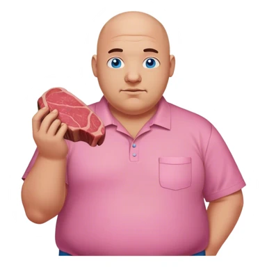 a bald guy with pink shirt and blue eyes, that is fat, holding a steak sticker