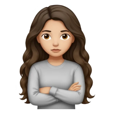 Hispanic light tan girl with long dark wavy hair slightly pouting and arms crossed. Wearing a long sleeve. Hair with middle part. sticker