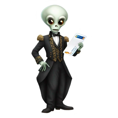 alien galora in Victorian dress elegant, full body, holding big credit card sticker