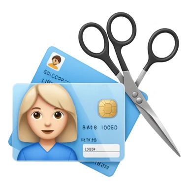 Scissors cutting ID card in 2 parts. Realistic sticker
