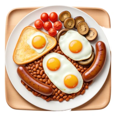 English Breakfast Cinematic Realistic English Breakfast Dish Emoji, depicted as a hearty plate featuring 2 sizzling sausages, a central serving of baked beans, 2 perfectly fried eggs, 2 sliced grilled tomatoes, 2 grilled mushrooms, and a triangle-shaped hash brown, rendered with vivid textures and warm, inviting lighting. sticker
