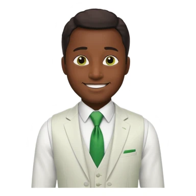 businessman, black skin, brown eyes, white suit vest, green tie sticker