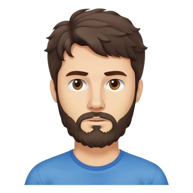 Caucasian Argentine man with wavy dark brown hair, longer loose hairstyle with wavy bangs, short full beard, serious-neutral expression, basic blue t-shirt sticker