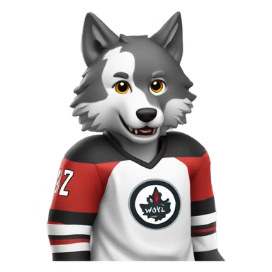 A wolf plays hockey in a black and white red uniform with a wolf emblem on his chest sticker