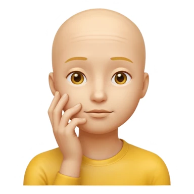 a 3D rendered yellow round face emoji with a thoughtful expression, one hand touching the chin in a pondering pose, no hair, smooth glossy surface, realistic shading and soft studio lighting, subtle reflections for depth, clean white background, high-quality digital render sticker