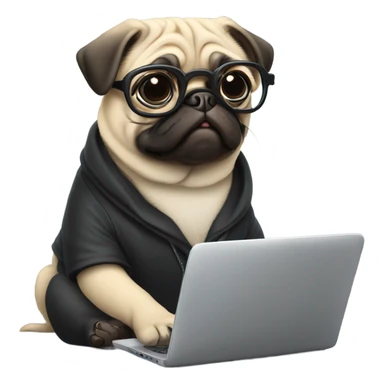 a pug wearing glasses with laptop sticker