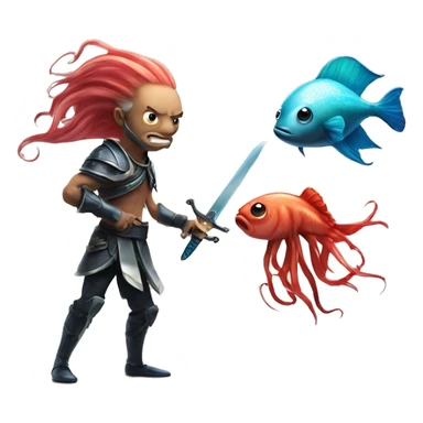 beta fish with sword fighting squid with gave sticker