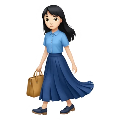 hair : black long hair with fringe 
skin : light 
cloth : oversize light blue shirt + navy long long skirt 
motion : walking without bag  sticker