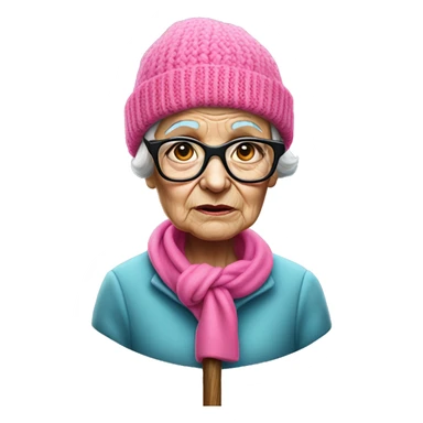 old lady with a hot pink beanie, no hair, baby blue coat, a wooden cane and thin rectangular glasses frowning sticker