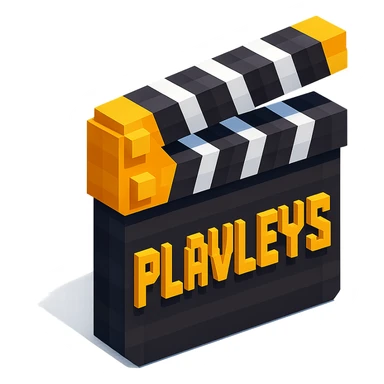 voxel style movie clapperboard with the text 'PLAVLEYS', gold lid, black and white stripes, isometric view sticker