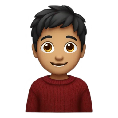 smiling and pointing north indian kid with chubby cheeks black hair wearing a dark red sweater sticker