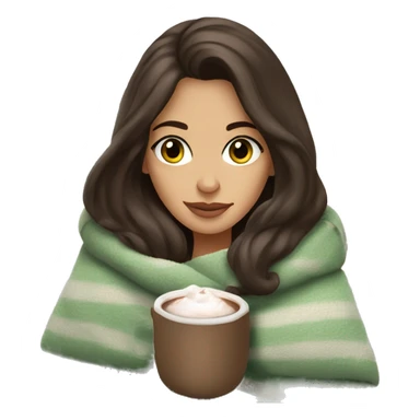 Brunette girl with grey-green eyes in cozy vibes in blanket with hot chocolate  sticker