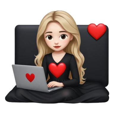 Sabrina carpenter in a black nightdress sitting on a bed with her laptop open and there is a heart on her laptop  sticker
