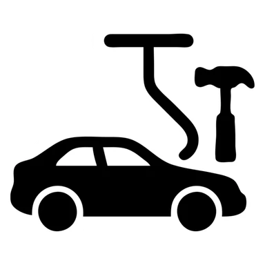 solid filled icon of an elegant car with dent repair tools including a lever and small hammer for Paintless Dent Repair (PDR) sticker