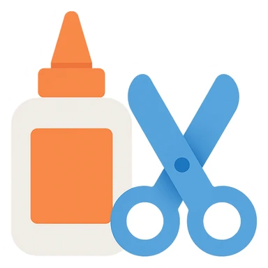 bottle of glue with orange label and tip and a pair of blue scissors, flat toon vector illustration sticker