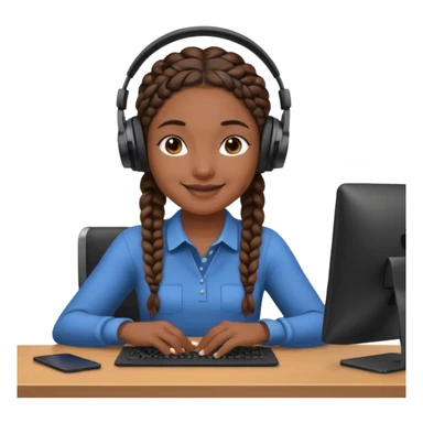 realistic dark brown skinned female with braids sitting at a desk with headphones on sticker
