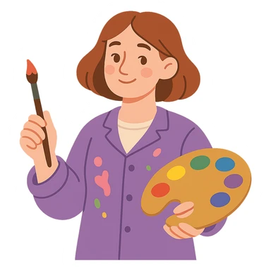 Serene female oil painter, Caucasian features, shoulder-length auburn hair, soft brown eyes, gentle smile, wearing a violet painter’s smock lightly stained with paint over a beige blouse, holding a wooden palette with vibrant colors in one hand and a brush in the other, waist-up, front-facing sticker