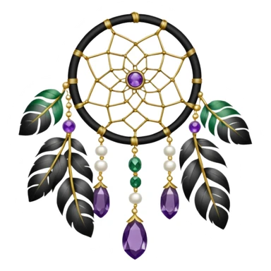 Black and white dreamcatcher with amethyst crystals, gold pearls, and green plants sticker