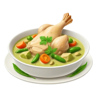 Green Chicken Curry Cinematic Realistic Green Chicken Curry Dish Emoji, depicted as tender chicken chunks simmered in a fragrant green curry sauce with vegetables, rendered with vivid textures and dynamic, vibrant lighting. sticker