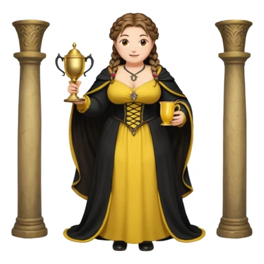 Helga Hufflepuff,brown-haired,2 braids,yellow-black medieval open dress,deep neckline,fat macromastia,black cloak decorated with gold braiding,gold cup with two handles,very kind smile,curvy busty sweet woman,round rosy cheeks,full length with medieval shoes sticker
