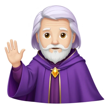 Middle aged wizard with a purple cloak, short white hair and a medium sized white beard waving hello  sticker