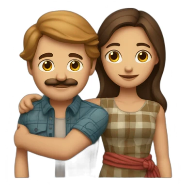 Tall white man with brown hair and a mustache wearing plaid hugging small Indian woman sticker