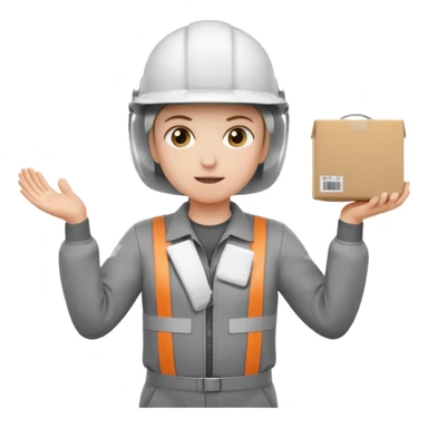 Tengo que dar una capacitacion de orgonomia, necesito un emoji de un operario con casco blanco y buzo gris de manga larga que levante una caja cerrada con las dos manos a la altura de los hombros y que tenga cara de esfuerzo fisico. Que no este saludando, las dos manos sosteniendo la caja sticker